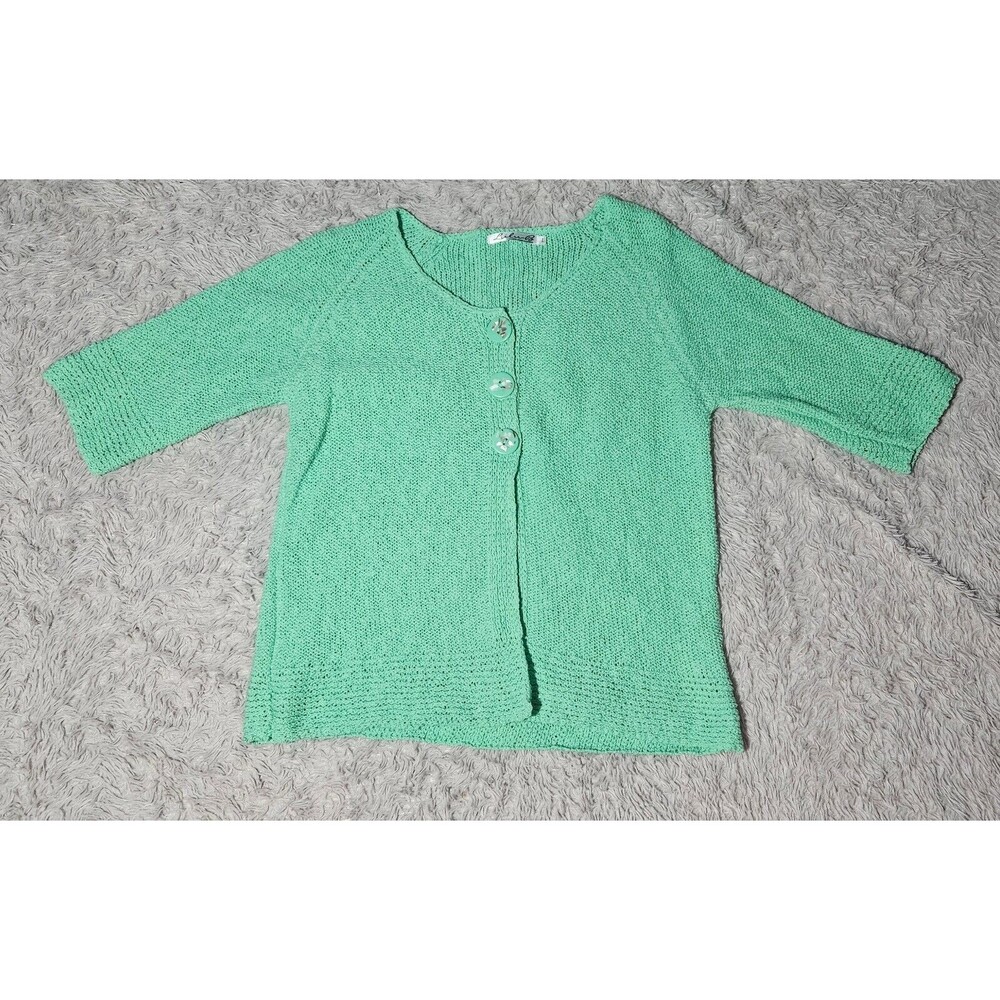 VTG Women's Large Brat Green Knit Sweater Cottagecore Grandmacore Abalone Button